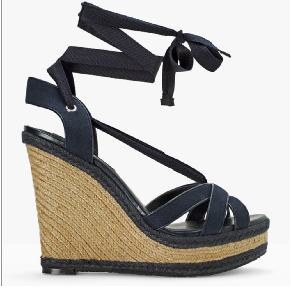 Women's White House 
Black Market Ankle-Wrap BlueMarine Leather
Wedge Sandal 6.5